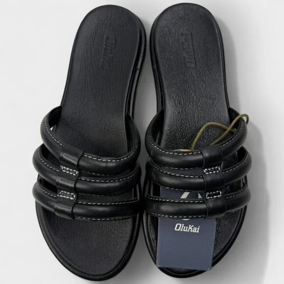 OluKai Tiare Slide Women’s Leather Sandals Black/Black Sz 7 NWT No Box - Picture 7 of 10